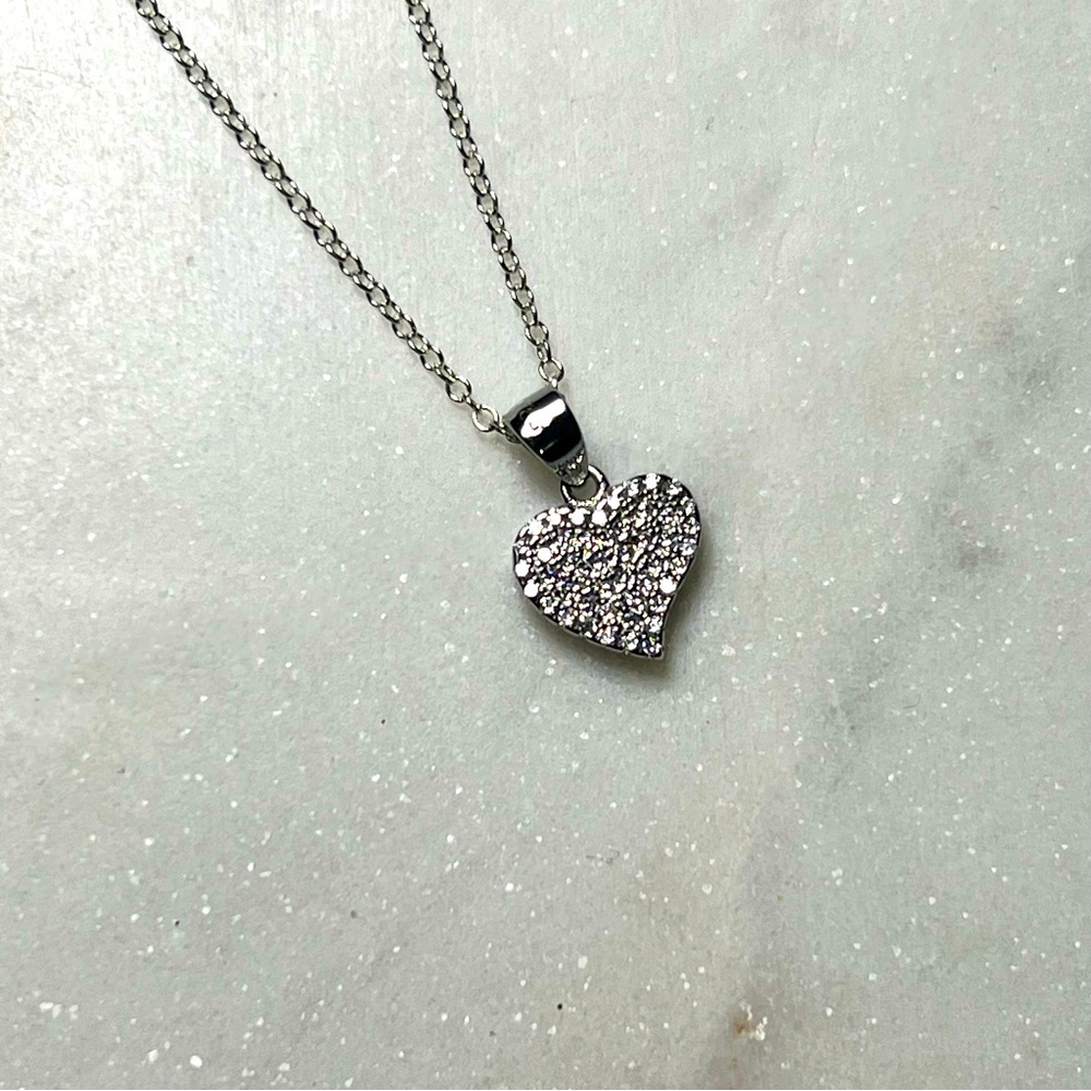 NEW Sterling Silver Pave Heart Necklace- Dainty Sterling Silverr Heart Necklace